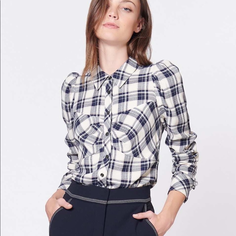 Veronica Beard Candice Top Blouse Navy Plaid